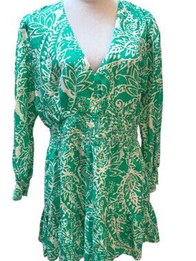 Zara Green Paisley Linen Blend Smocked Waist Mini Dress Womens XXL V-Neck